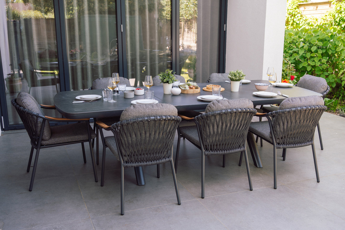 Curved Aluminium & Teak Rectangular Dining Set
