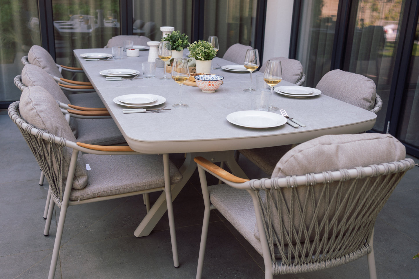 Curved Aluminium & Teak Rectangular Dining Set