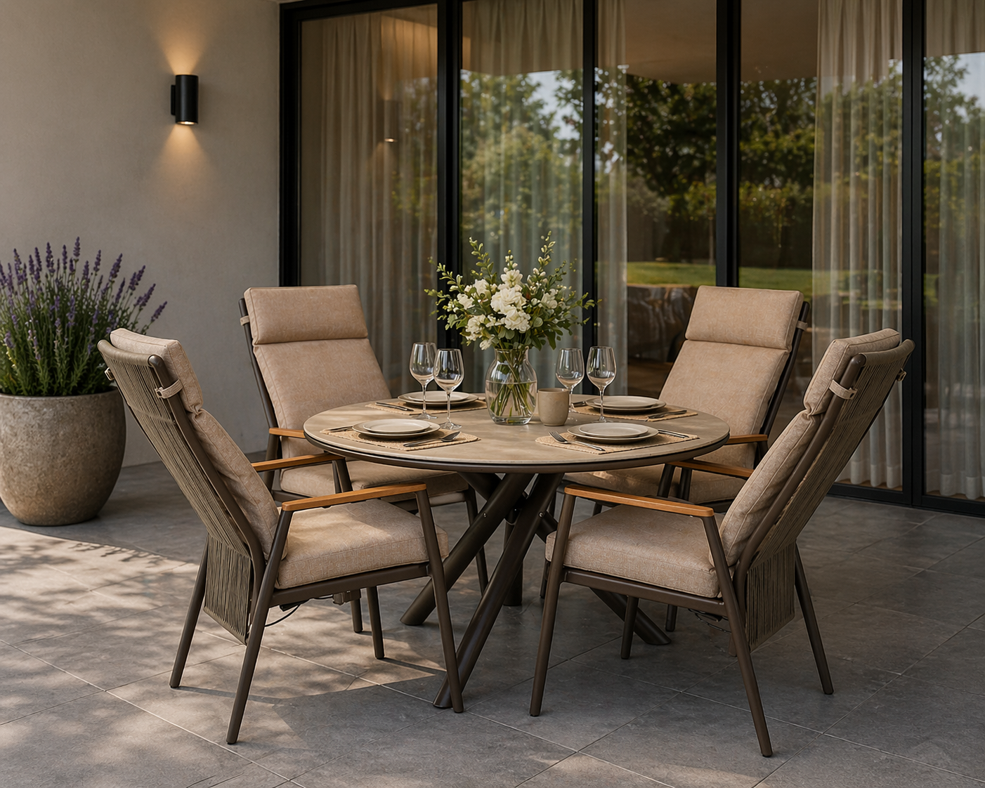 Aluminium & Teak Reclining Round Dining Set