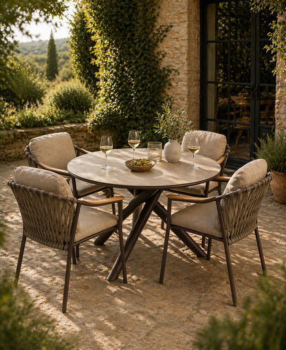Curved Aluminium & Teak Round Dining Set