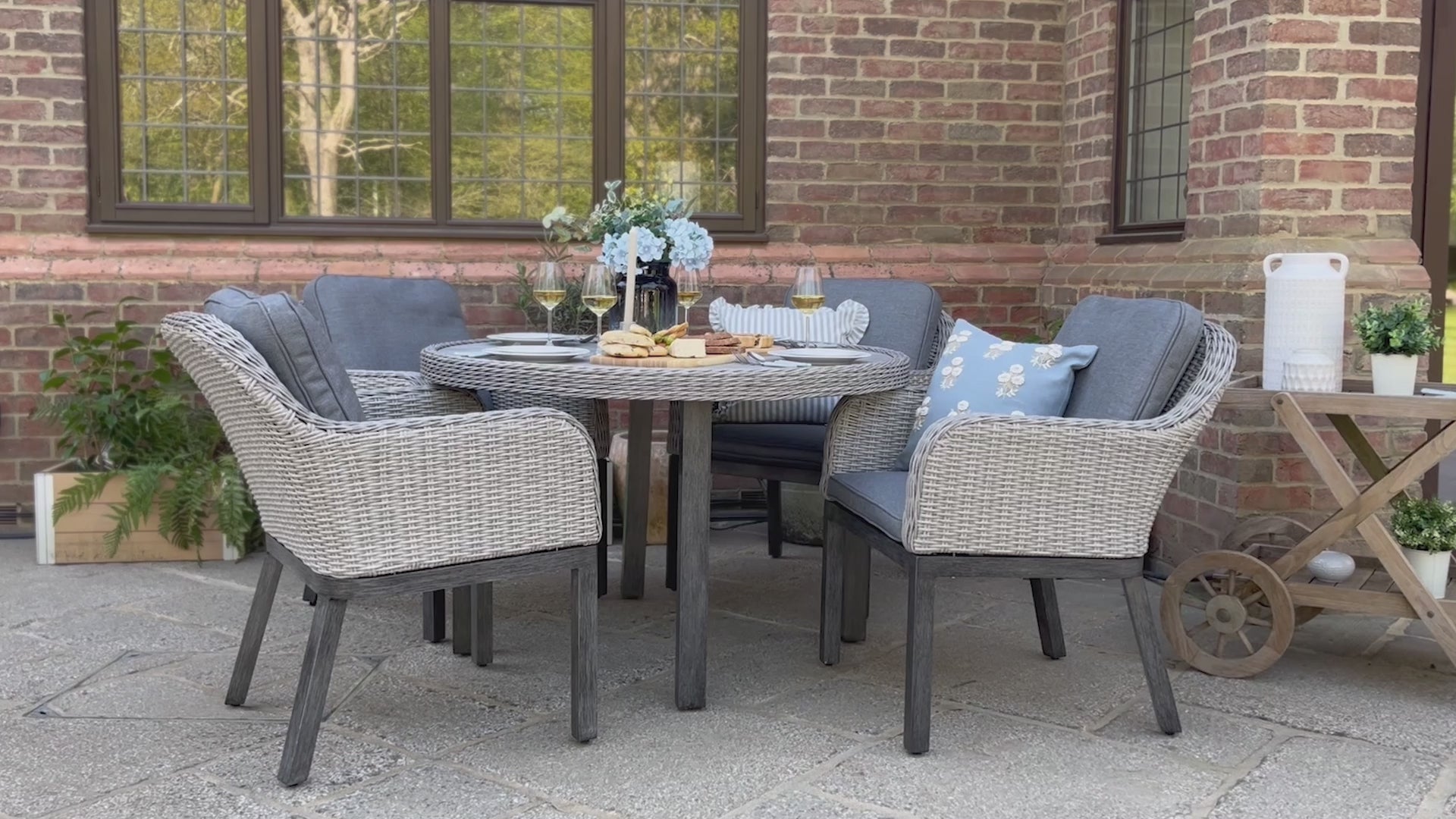 Load video: Final Video - 5pc Rattan Round Dining Set - Grey